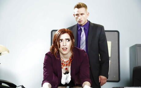 Curious american Ember Stone banged in her hairy beaver after hot cock suck in office